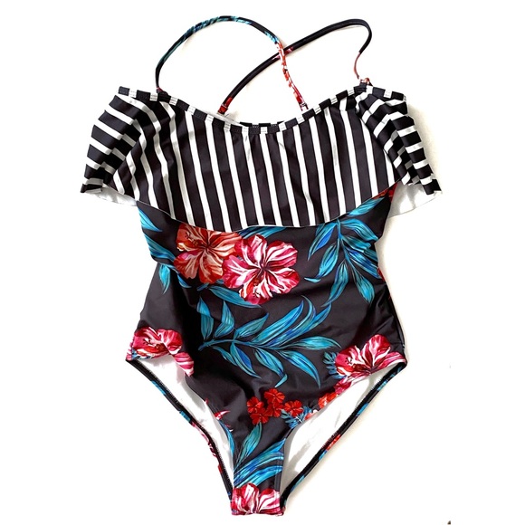 Tropical Swimwear One-Piece Swimsuit Floral Print Stripe Ruffle Top Bathing Suit - Picture 2 of 16